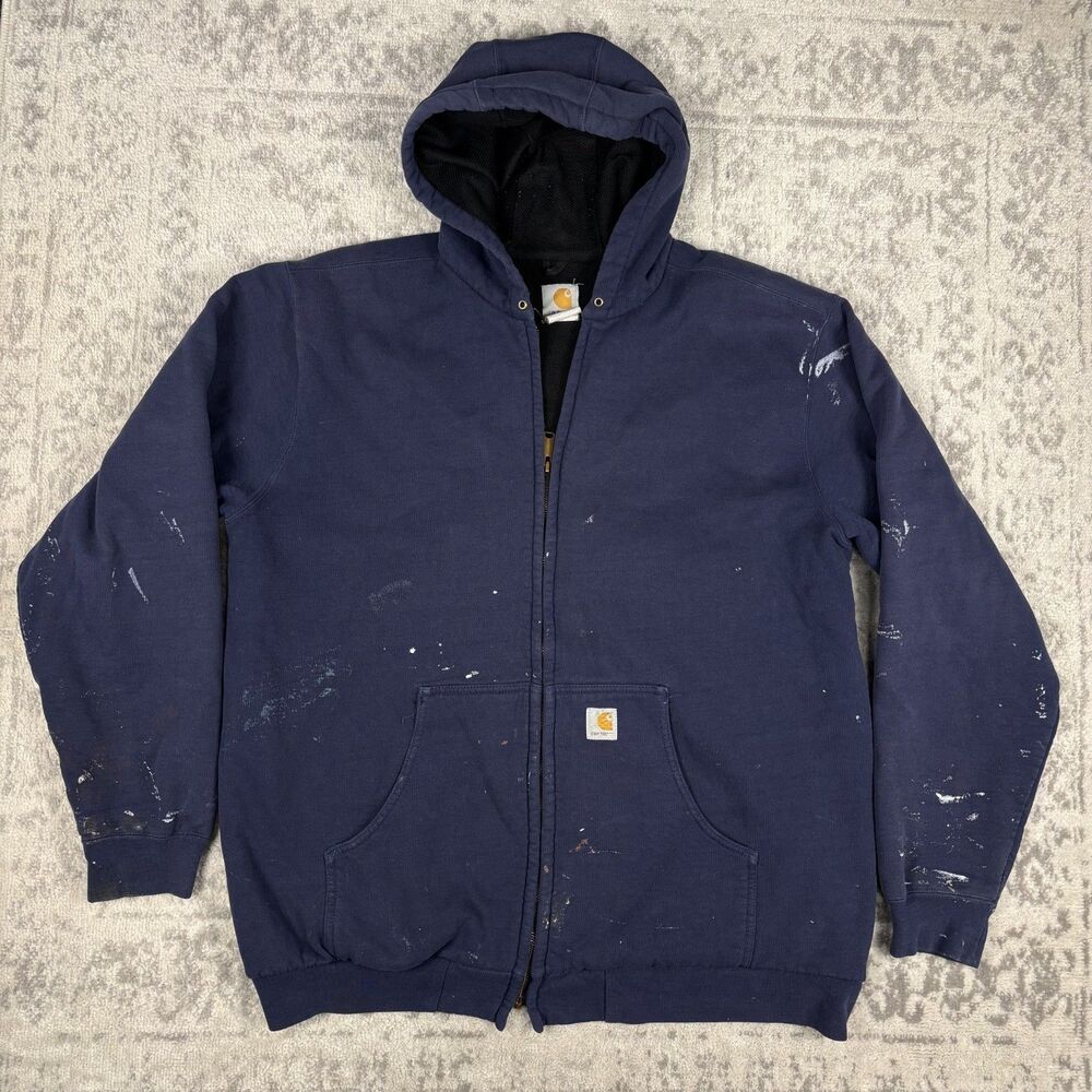 VTG Carhartt Hoodie Mens Blue Full Zip Thermal Lined Work J149 NVY Size XL Tall